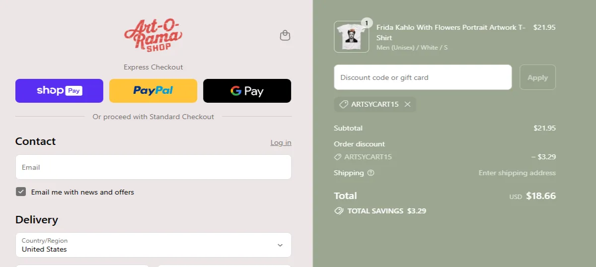 Coupon proof ARTSYCART15