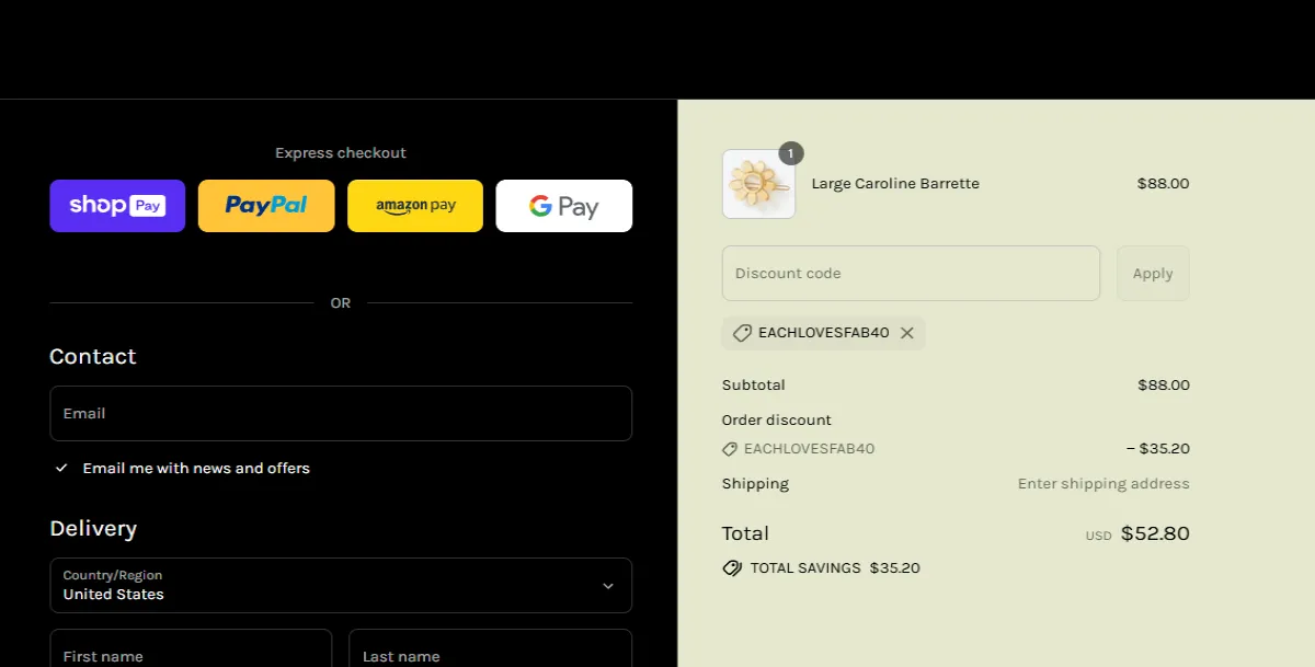 Coupon proof EACHLOVESFAB40