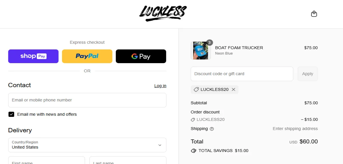 Coupon proof LUCKLESS20