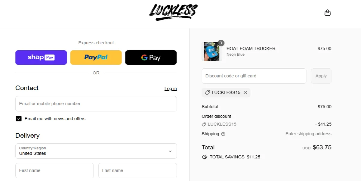 Coupon proof LUCKLESS15